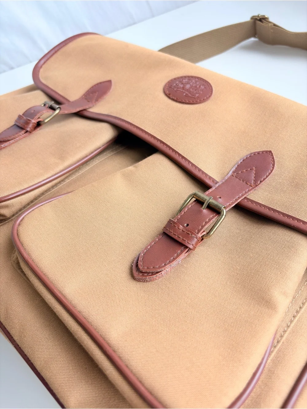 Messenger Safari Bag Tan Canvas Brown Leatherette Straps